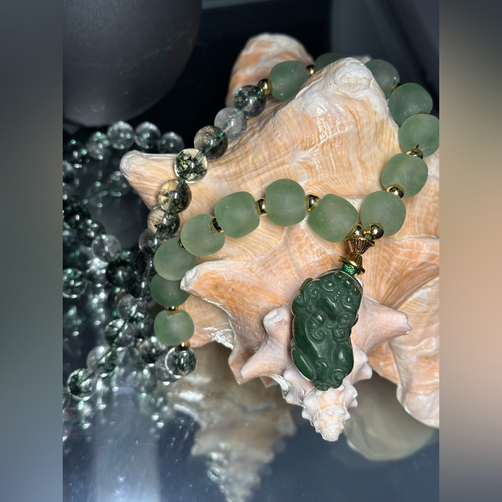 Green Phantom Quartz & Sea Glass W/ Russian Jade Pixiu